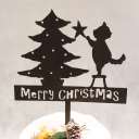 ケーキトッパー Merry Christmas 猫とツリー ブラック 【 クリスマス 飾り 木製バナー 】
