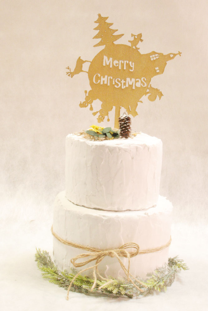 ケーキトッパー Merry Christmas 地球 パールゴールド  【 クリスマス 飾り 木製バナー 】