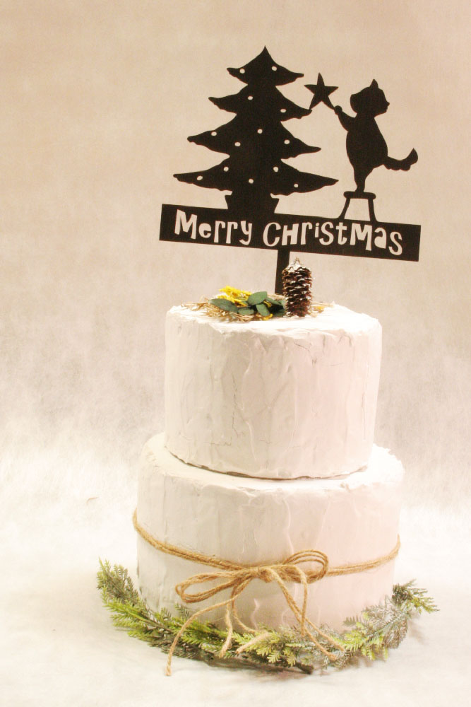 ケーキトッパー Merry Christmas 猫とツリー ブラック【 送料込 クリスマス 飾り 木製バナー 】
