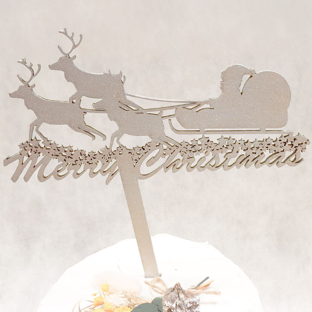 ケーキトッパー Merry Christmas サンタクロース パールシルバー 【 送料込 クリスマス 飾り 木製バナー 】