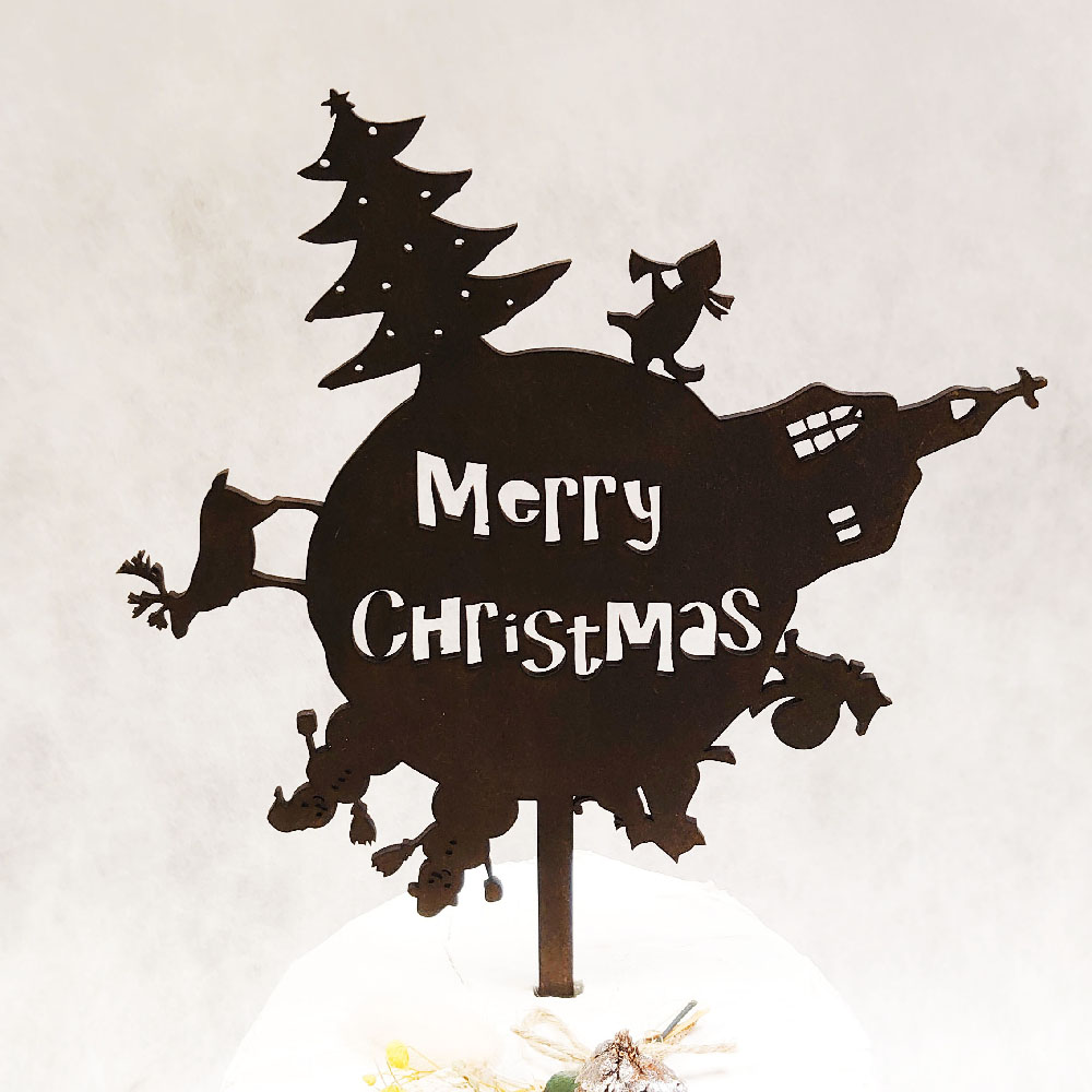 ケーキトッパー Merry Christmas 地球 ブラック 【 クリスマス 飾り 木製バナー 】