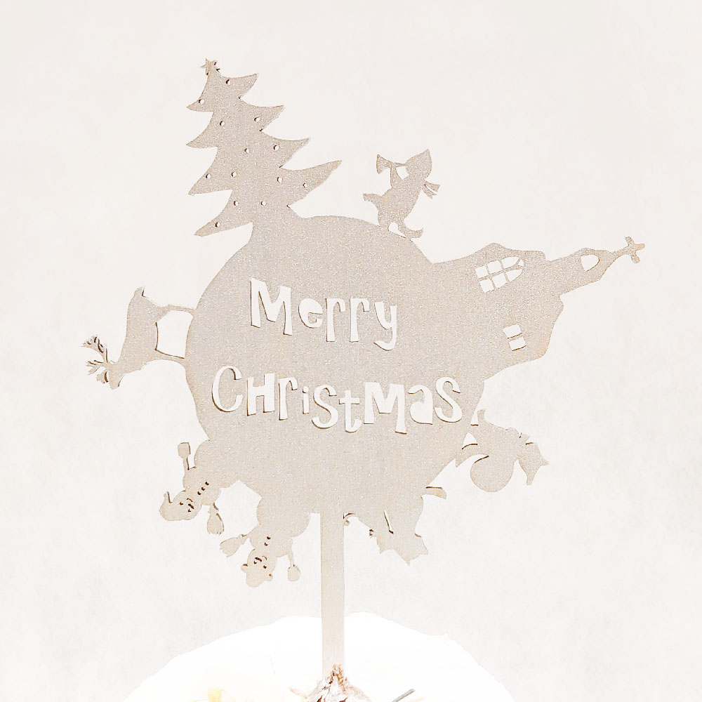ケーキトッパー Merry Christmas 地球 パールシルバー 【 クリスマス 飾り 木製バナー 】