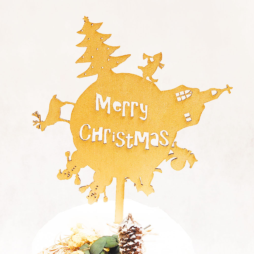 ケーキトッパー Merry Christmas 地球 パールゴールド 【 クリスマス 飾り 木製バナー 】